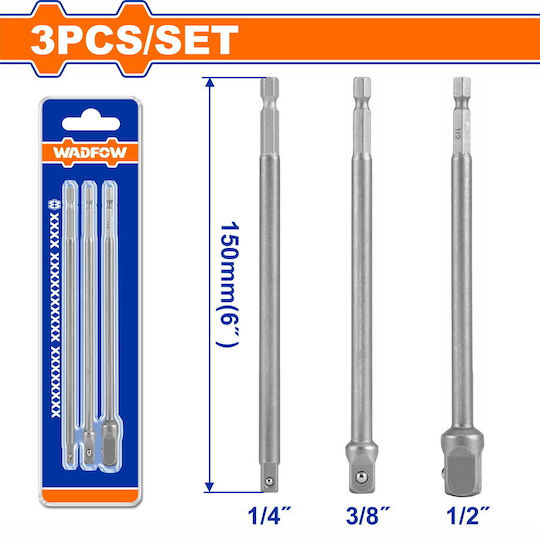 Wadfow Set Adaptoare Lungi 150mm 1/4" 3/8" 1/2" 3 Bucăți Wsv4k03
