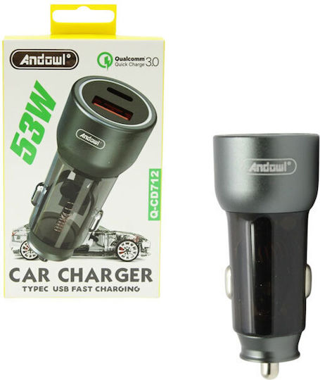 Andowl Auto-Ladegerät 53W mit Anschlüssen: 1xUSB 1xType-C