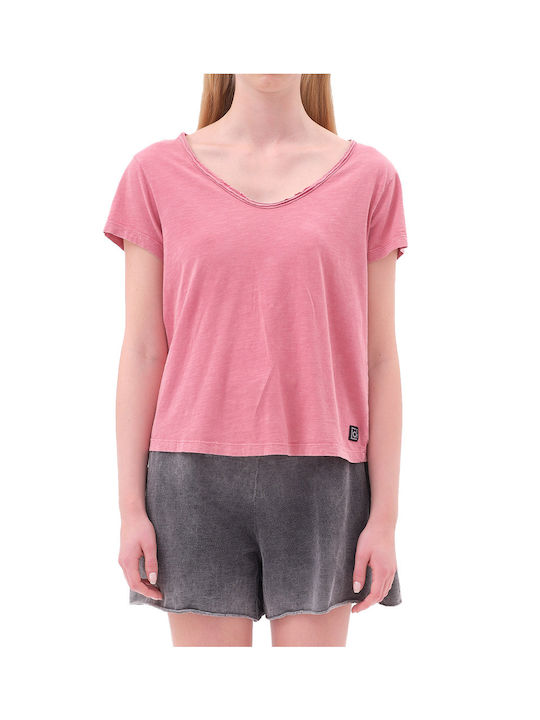 Γυναικείο Crop Top Βαμβακερό Κοντομάνικο με V Λαιμόκοψη Ροζ