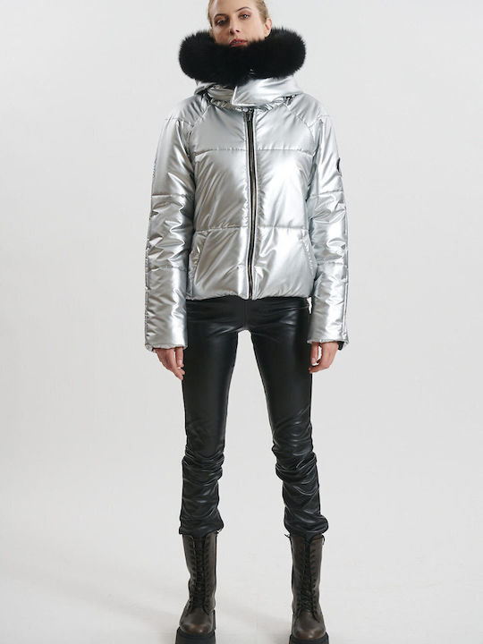 Short Women's Jacket for Winter Silver