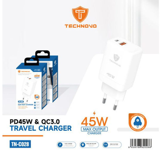 Technovo Charger Without Cable with USB-A Port and USB-C Port 45W Power Delivery / Quick Charge 3.0 Whites (TN-C028)