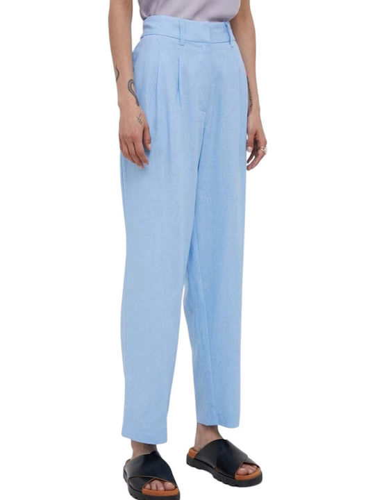 Women's High-waisted Linen Trousers Light Blue