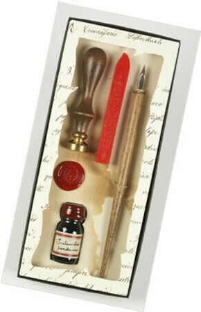 Francesco Rubinato Set Calligraphy Pen Brown Wooden with Blue Ink and with 1 Replacement Nibs