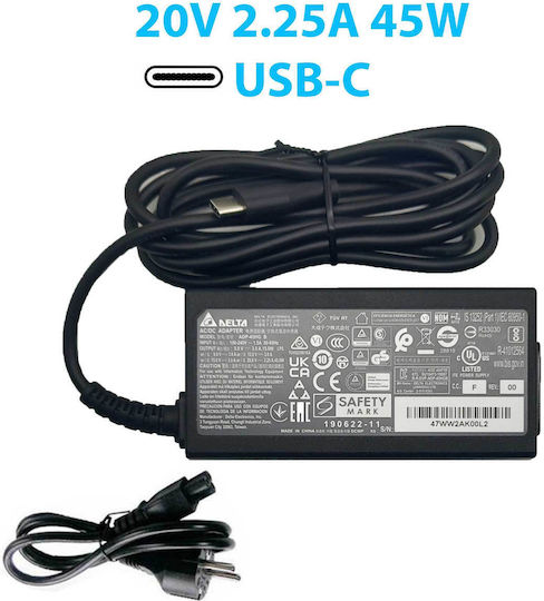 Delta USB-C Лаптоп Зарядно Устройство 45W 20V 2.25A с Свалящ Се Кабел За Захранване