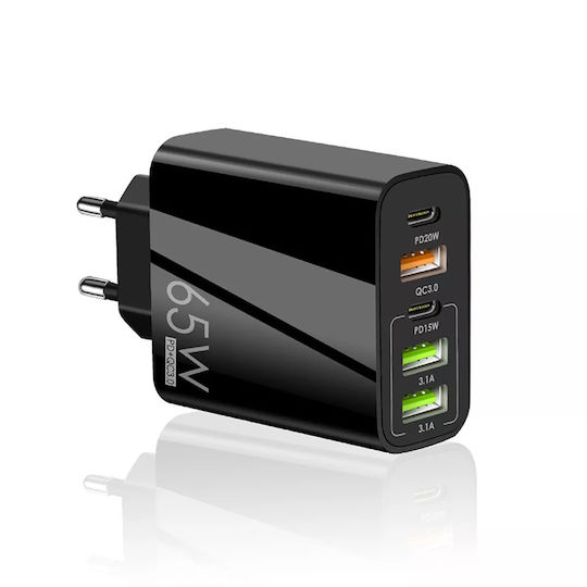 Techsuit Зарядно без кабел с 3 USB-A порта и 2 USB-C порта 20W Power Delivery / Quick Charge 3.0 Черен (CHC2)