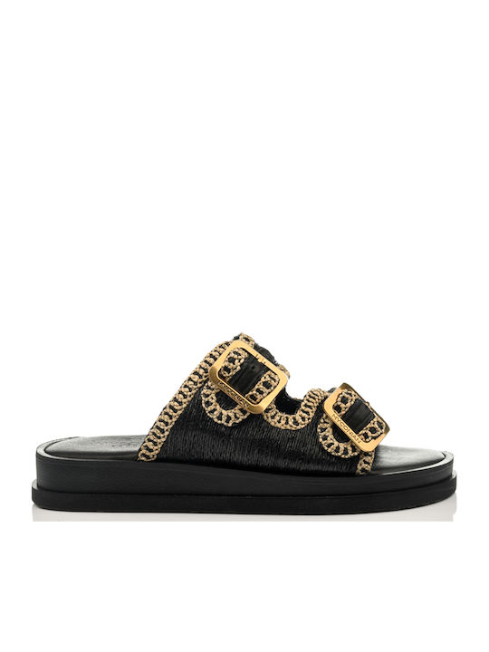 Leather Women's Flat Sandals in Black Color