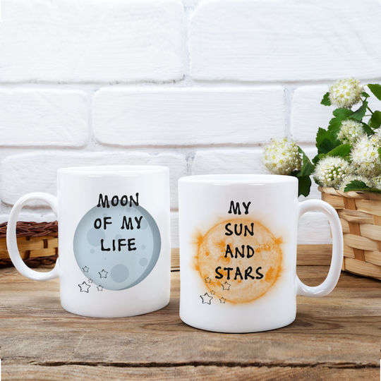 White Mugs "Sun Moon" Set Suitable Valentine's Day Gift Pair