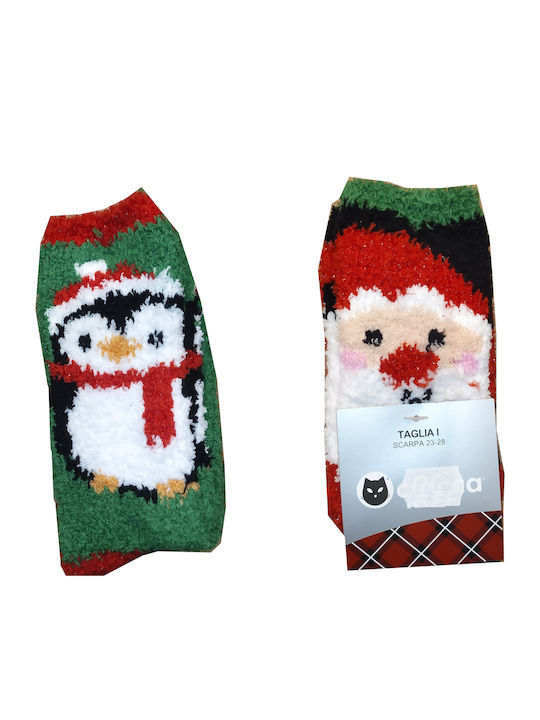 2 Pairs Kids' Multicolour Fluffy Socks with Designs Santa Claus and Penguin Silicone Grips 98% Polyester 2% Elastane
