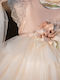 Haine de botez pentru fete Tip Rochie cu corset din satin cu detalii de dantelă pe mâneci și fustă din tulle cu volane și funda din dantelă pe spate accesorii pentru păr lucrate manual cu flori perle și pene detalii de dantelă bandă de satin pentru păr