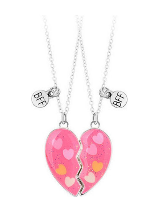 Handgefertigtes Freundschafts-Kinderhalskettenset 2-teilig Silbern Metallisch Rosa Intensive Herz Sternchen Best Friends Forever Beste Freunde Freundinnen Immer Tatu Moyo