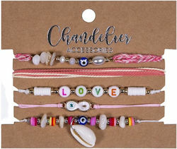 Chandelier Βραχιολια Κορδονι Ροζ Love Απειρο Κοχυλι Σετ 5τμχ