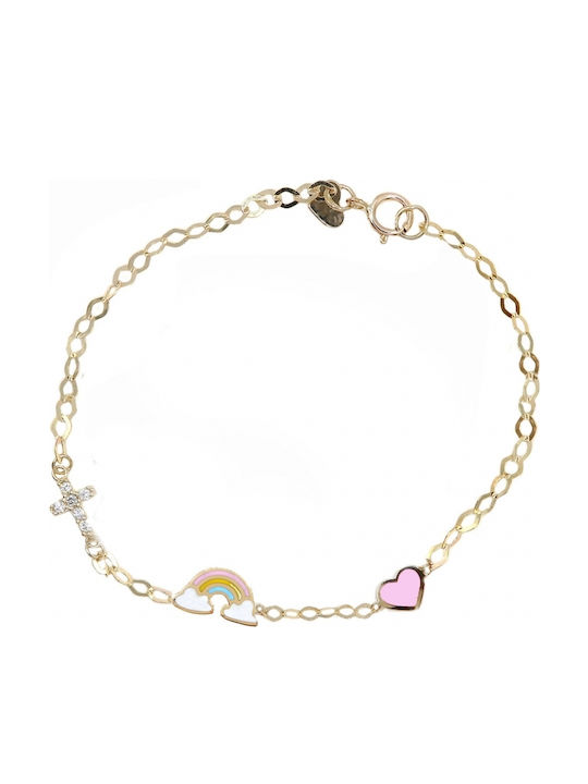 Polytimo Kids Bracelet Chain from Gold 14K with Heart & Σταυρό