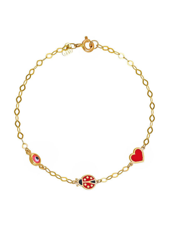 Kids Gold Bracelet K9 Easter Bug Heart Red Enamel & Evil Eye Tgb-21499y