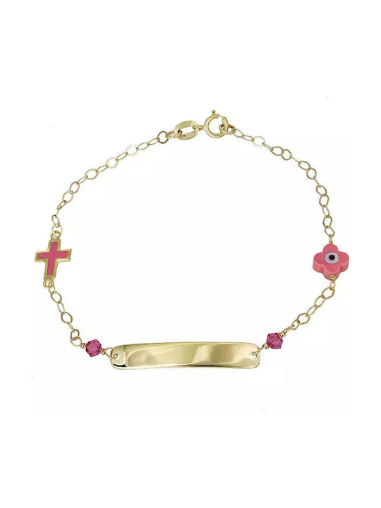 Kids Bracelet ID from Gold 9K with Evil Eye, Stones & Σταυρό