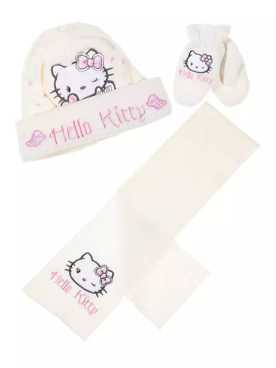 Hello Kitty Σετ Σκουφάκι Γάντια Κασκόλ Κρεμ-ιβουαρ