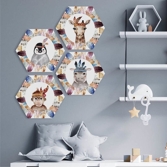 Hexagonal Kids Wall Art Set of 4 Pieces Indian Friends 35x30cm