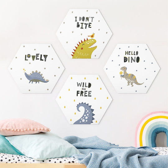 Екзагонални Детски Табла Hello Lovely Dino Комплект от 4 броя 25x22см