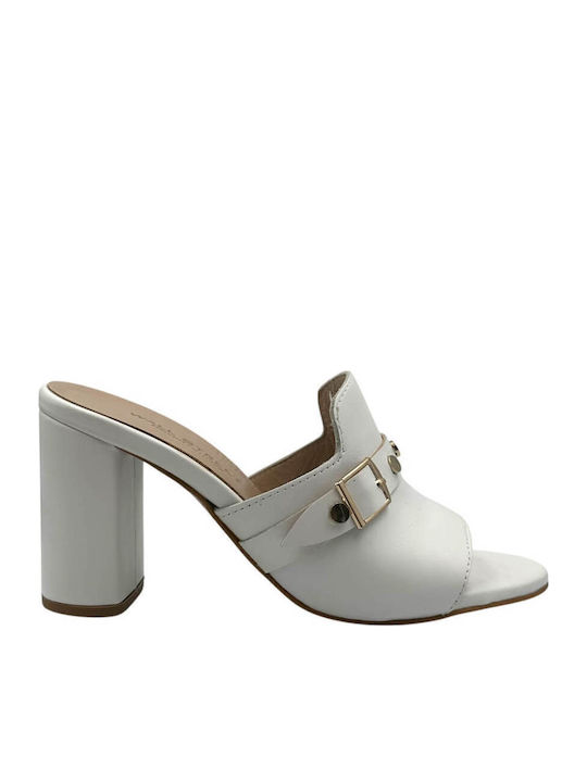 Leather Mules with High Heel in White Color