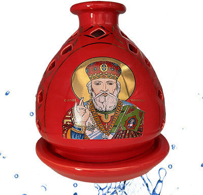 Vigil Oil Lamp Red Porcelain Height 16cm Image of Saint Nicholas
