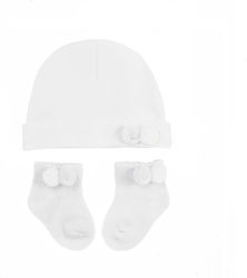 Soft Touch Set Mützen mit Söckchen Stoff Weiß für Neugeborene Soft Touch Set Mützen mit Söckchen Stoff Weiß für Neugeborene