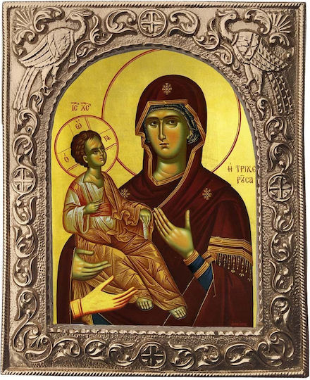 Holy Mary Tricherousa – Gold-Plated Ceramic Ecclesiastical Frame Icon 23cm