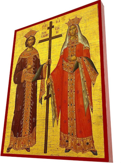 Saints Constantine & Helen – Classic Byzantine Icon in Terracotta Red with 28cm Width