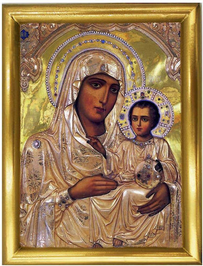 Икона на Дева Мария Йерусалимска Дървена Икона за Луксозна Експозиция Епохална Златна Лак 22см
