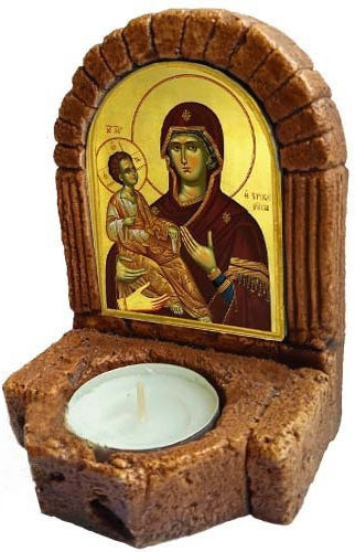 Image of Holy Mary Tricherousa Ceramic Icon Stand Candle Holder Reso 11cm