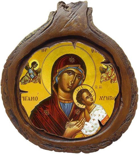 Icoană Fecioara Maria Amoilntului – De Perete Sau De Masă Ceramică Trunchi de Lemn Diametru 20cm