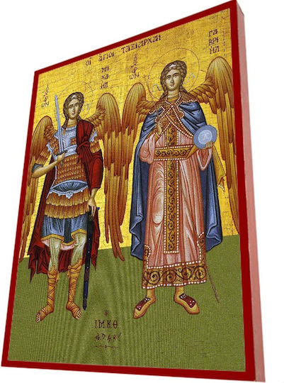 Erzengel Michael & Gabriel – Klassisches Byzantinisches Heiligenikone in Ziegelrot Riga 19cm