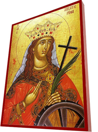 Saint Catherine – Classic Byzantine Icon in Terracotta Red with 19cm Riza