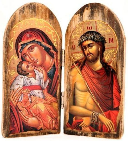Icoană din Lemn Diptych A Fecioara Maria & Iisus Hristos 25x20 Cm