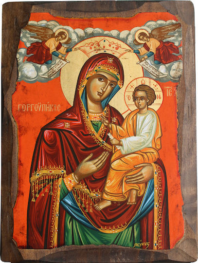 Holy Mary Gorgoepikoos Canvas Frame Gold and Natural Wood 16x21cm