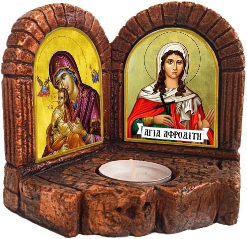 Saint Aphrodite and Theotokos Icons – Double Ceramic Icon Candle Holder 13cm