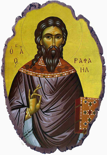 Heiligenikone Saint Raphael Steinbild mit Basis & Wandhalterung 21cm