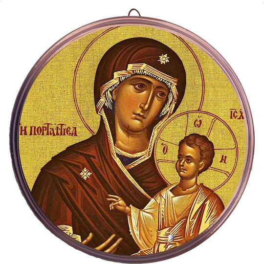 Holy Mary Portaïtissa Round Ceramic Wall Icon Brass 12cm