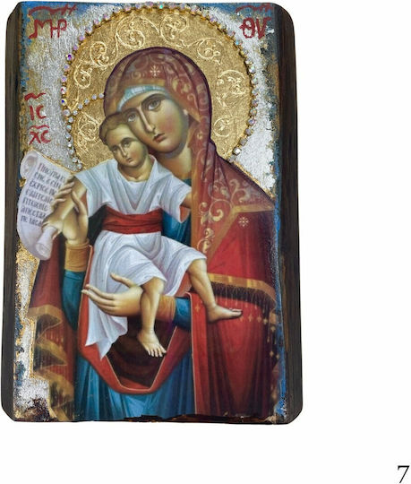 Icoană din Lemn Tehnică Mixtă Trunchi Natural 26,5 X 21,0cm Maica Domnului Axion Esti KOD7