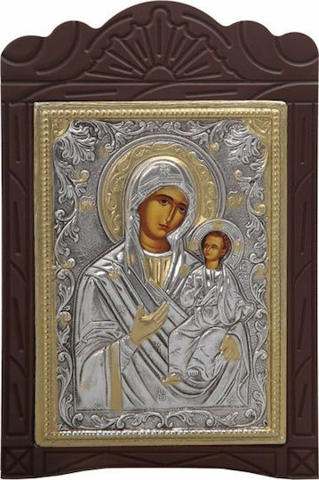 Icoană Sfântă Sculptată Din Lemn „Fecioara Maria Odighitria” Acoperire Cu Foiță De Argint 925 Aurire Locală Cod 203 15x23