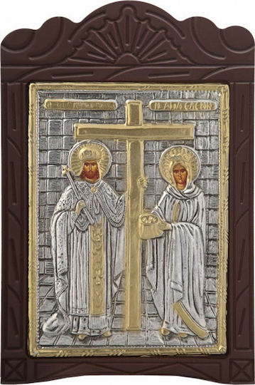Icoană Sfântul Constantin și Elena Sculptată Din Lemn Cu Foiță De Argint 925 Cu Aurire Locală Cod 204 19x29