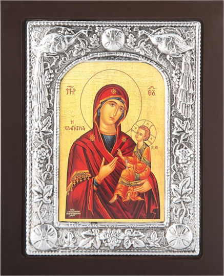 Saint Icon Panagia I Odigitria Black Wood Covering Silver Leaf 925 Code 104 19x24cm
