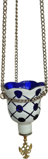 Vigil Oil Lamp Hanging Engraved Olive Oil Blue-White Cup Size 10x8 cm With Chain 63 cm Length