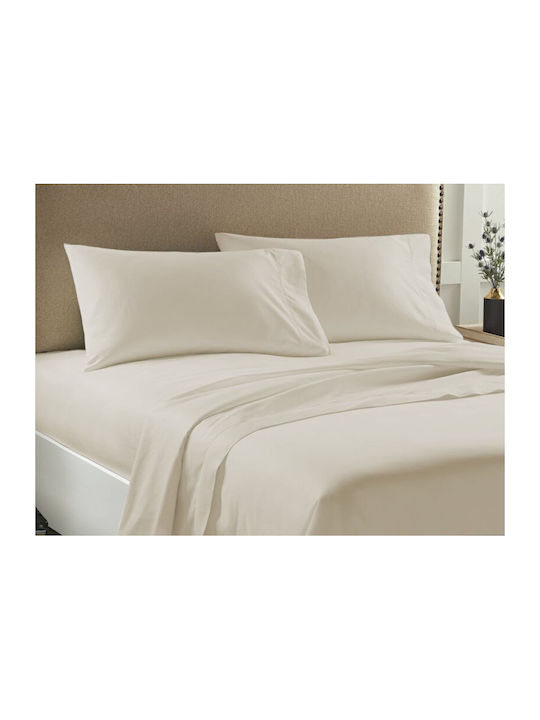 Set Double Single-Coloured Ecru Bed Sheets Rubb...