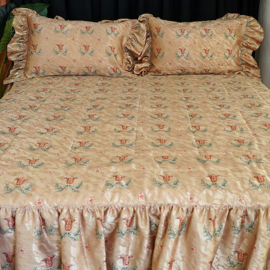 Decotelia Tagesdecken Set Κμβ7 Hellbraun 220x240 Satin Volan