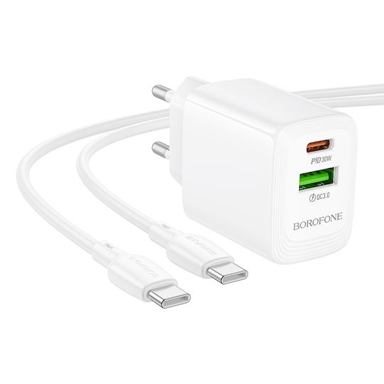 Borofone Charger GaN with USB-A Port and USB-C Port and Cable USB-C - USB-C 30W Power Delivery / Quick Charge 3.0 Whites (BN29)