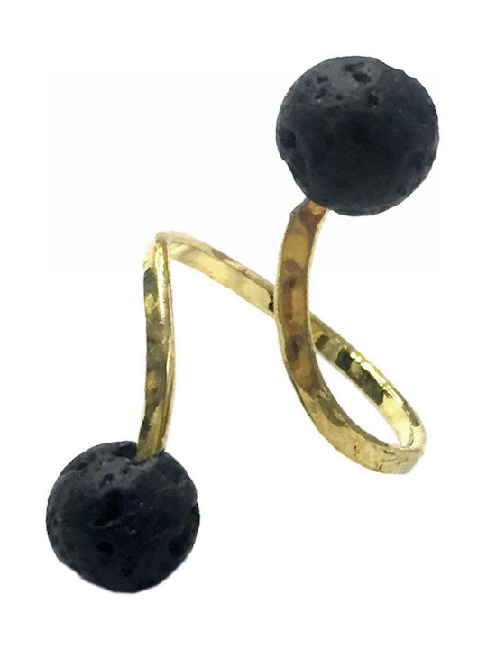 Handmade Gold Metal Ring with Black Lava Stone Tatu Moyo 2514-601xa