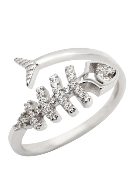 Silverline Inel Argintiu Pentru Femei Model Os De Pește Alb Platinat Cu Zircon