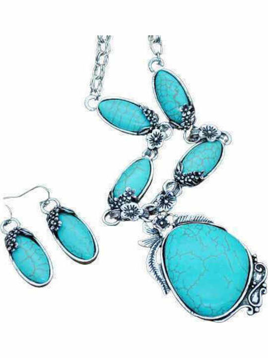 Jewelry Set Necklace Earrings Vintage Boho Drop Shape Turquoise Stones S21