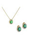 Jewelry Set Necklace & Earrings Rosette Oval Green Central Zircon Stone & White Round Perimeter Set-22101y