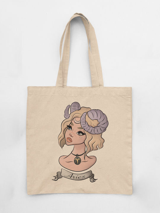 Cotton Fabric Shoulder Bag Ecru Zodiac Sign "Aries"