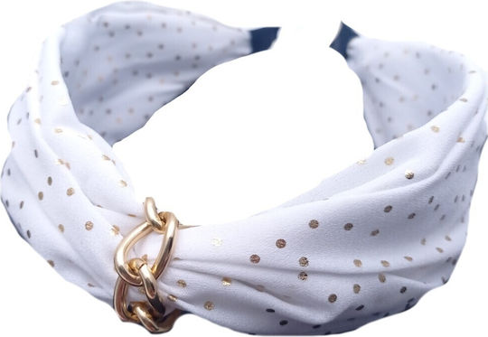 Hair Headband Turban Polka Dot Gold Chain White